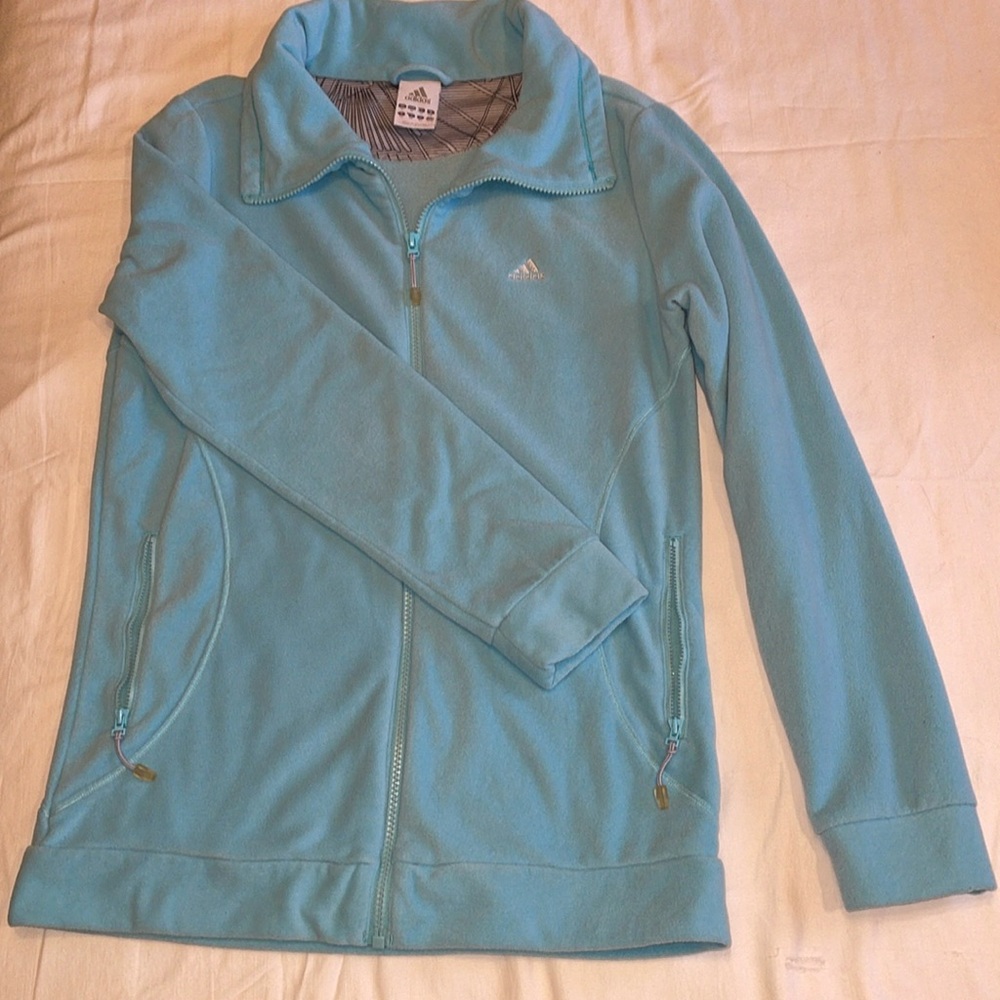 Adidas women’s half-zip, size M, aqua velour.